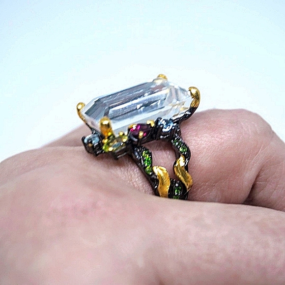 Solid Sterling Silver Clear Quartz + Gemstone Ring - Picture 2 of 7